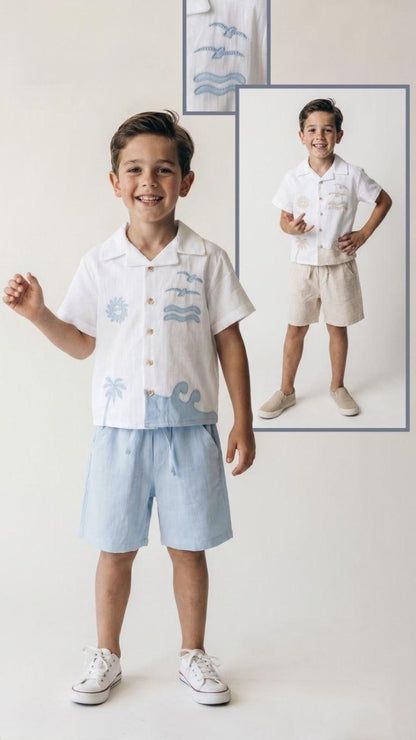 Boy 2 Piece Set White Linen Cotton Shirt with Short Sleeve and Beige Shorts