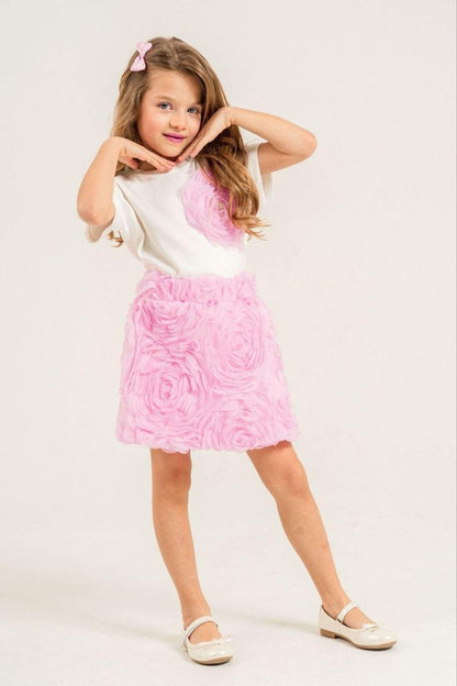Elegant 3-D Pink Flower Top & Skirt Set
