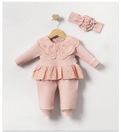 Baby Girl Peach Pink Romper with Collar and Rose Headband