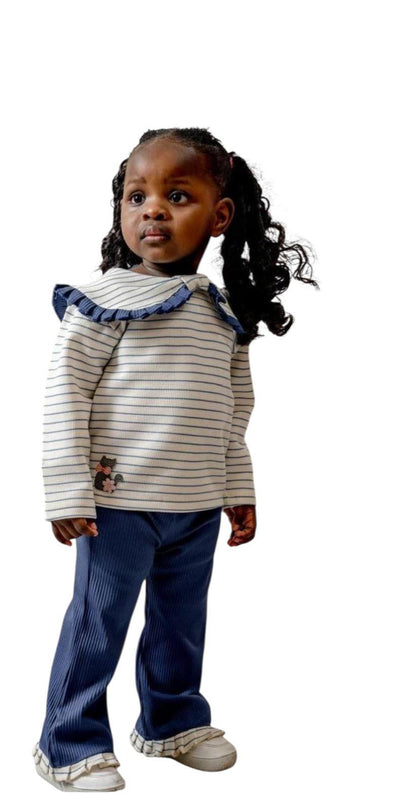 Baby Girl Blue Stripped Top With Collar and Blue Pants