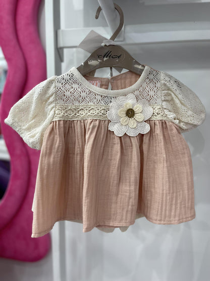 Baby Girl Beige Shorts with Muslin Top Fower Detail and Headband