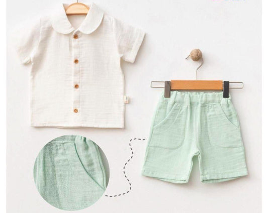 White Muslin and Linen Shirt and Mint Shorts Set