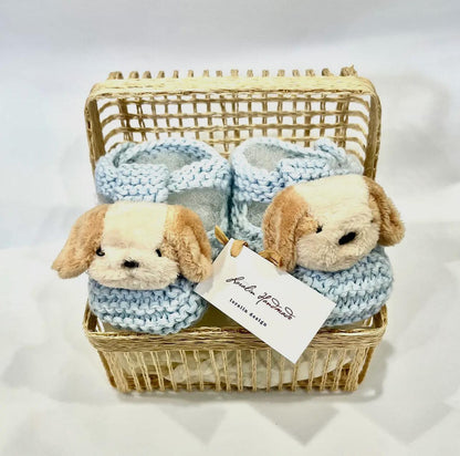 Light Blue Puppy Knit Booties in Basket