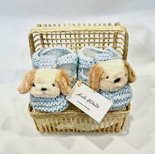 Light Blue Puppy Knit Booties in Basket