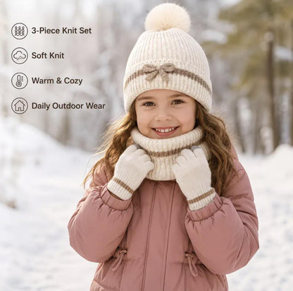 3 Piece Beige Pom Pom Knit Hat, Gloves and Scarf