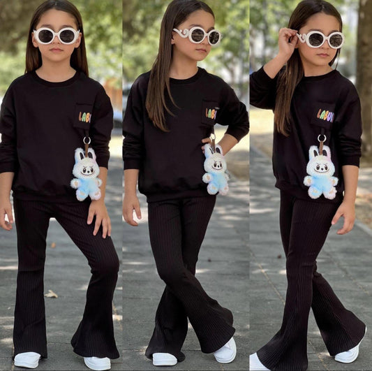 Girl Black Labubu Set with Keychain Toy