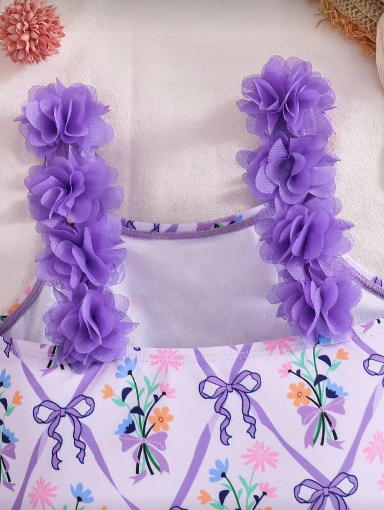 Purple Flower and Bow Detail Swimsuit