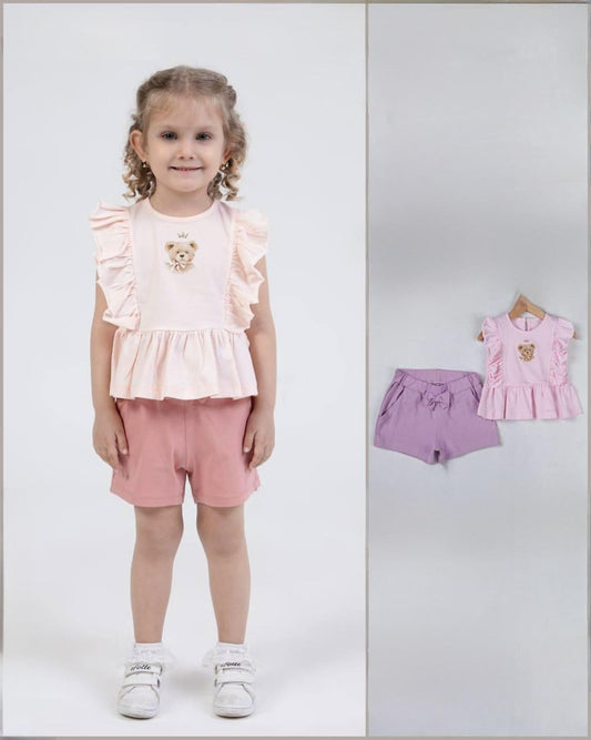 Baby girl muslin top with bear and shorts pink and lilac