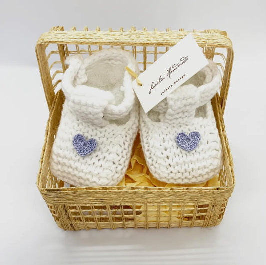 White Booties with Grey Hearts in Basket