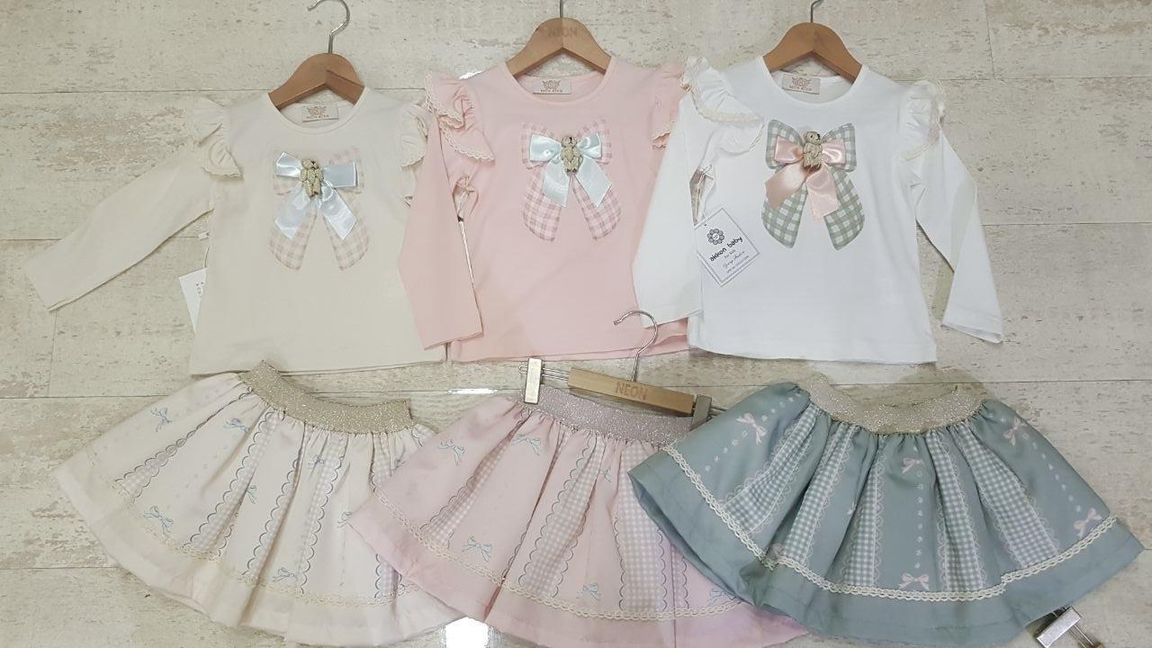 Baby Girl Pink Set Bow with bear long sleeve shirt and skirt