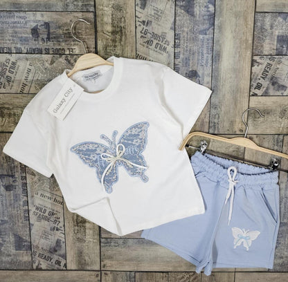 Blue Butterfly 3D Girls Tshirt and Shorts Set