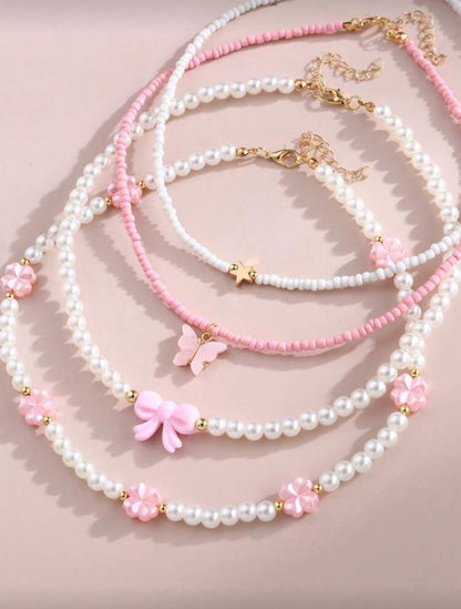 4 Pcs Butterfly Heart Flower Pearl Necklace Set